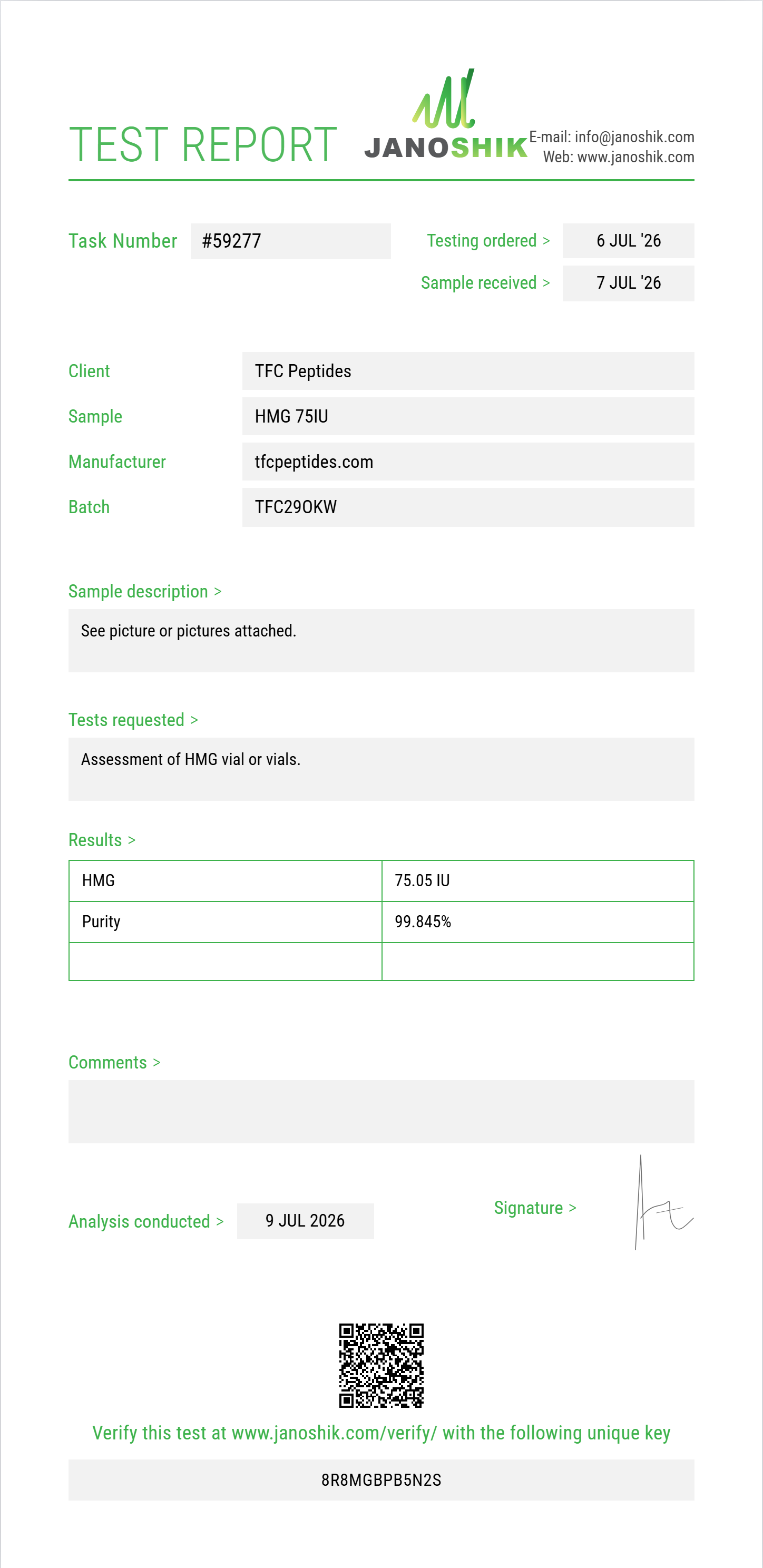 HMG Purity (HPLC) report by Janoshik Analytical