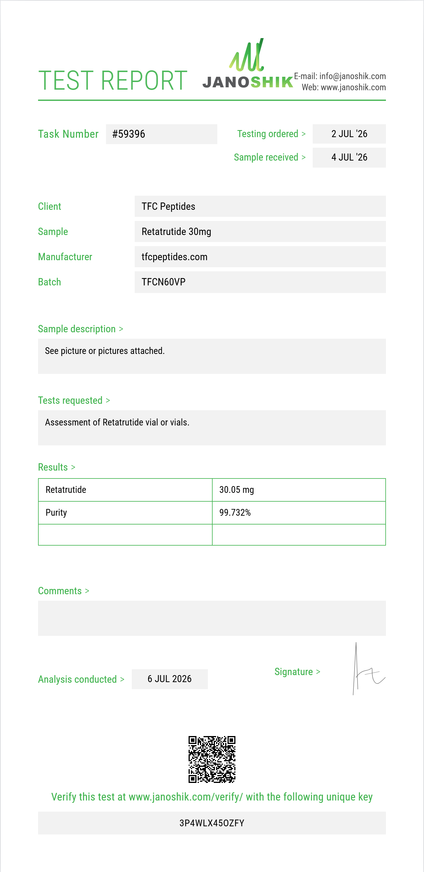 Retatrutide 30mg Pen Kit Purity (HPLC) report by Janoshik Analytical