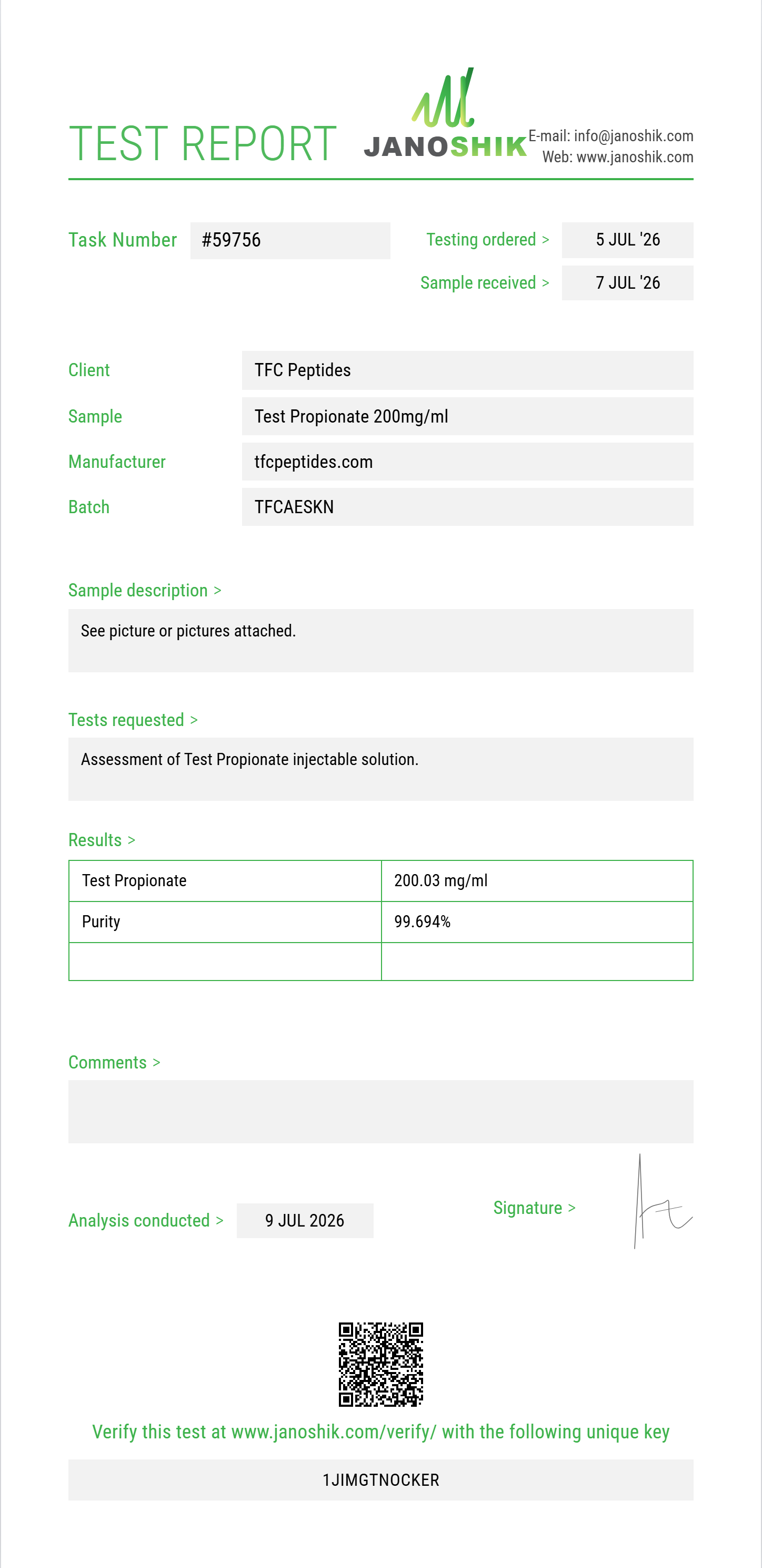 Test Propionate Purity (HPLC) report by Janoshik Analytical