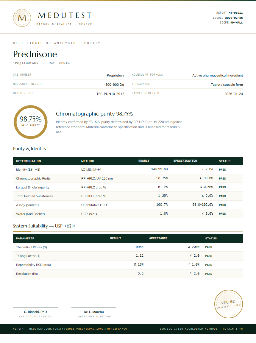 Prednisone Purity Test Report by Medu Laboratories