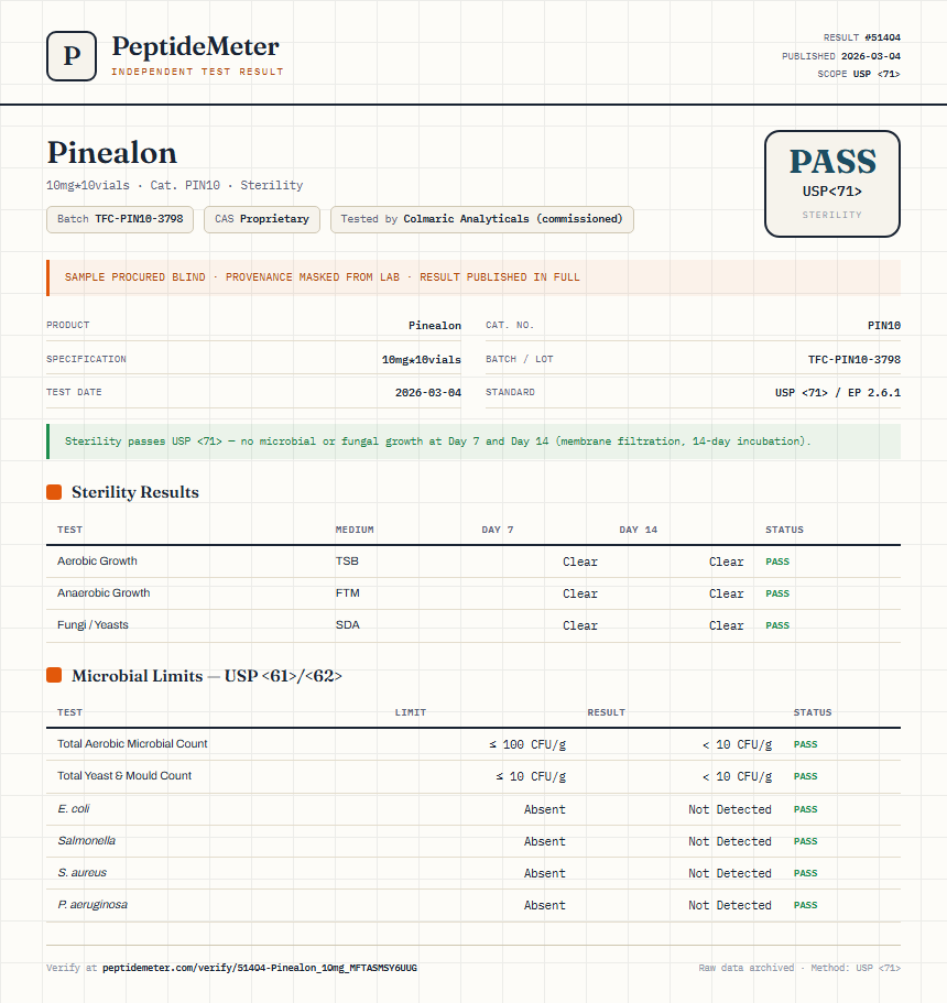 Pinealon Sterility report by PeptideDetective