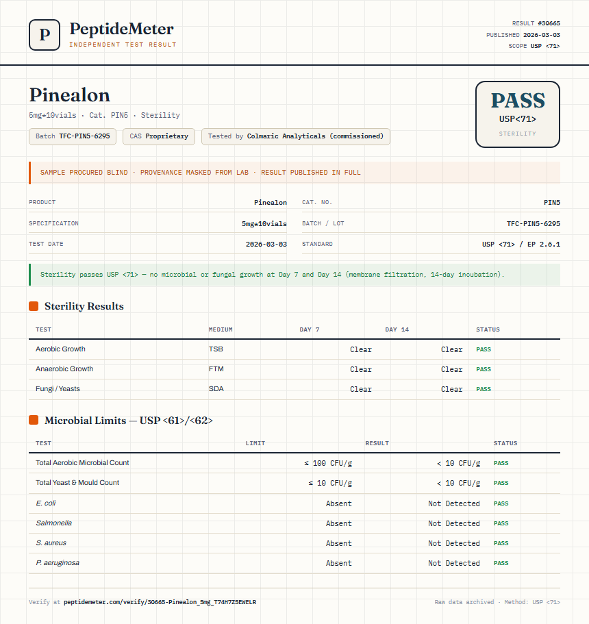 Pinealon Sterility report by PeptideDetective