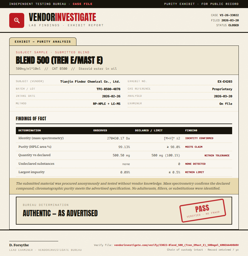 Blend 500 (Tren E/Mast E) Purity (HPLC) report by VendorInvestigator