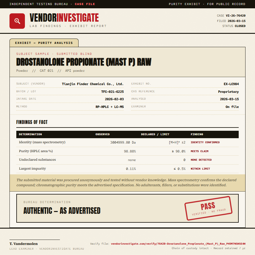 Drostanolone Propionate (Mast P) Raw Purity (HPLC) report by VendorInvestigator