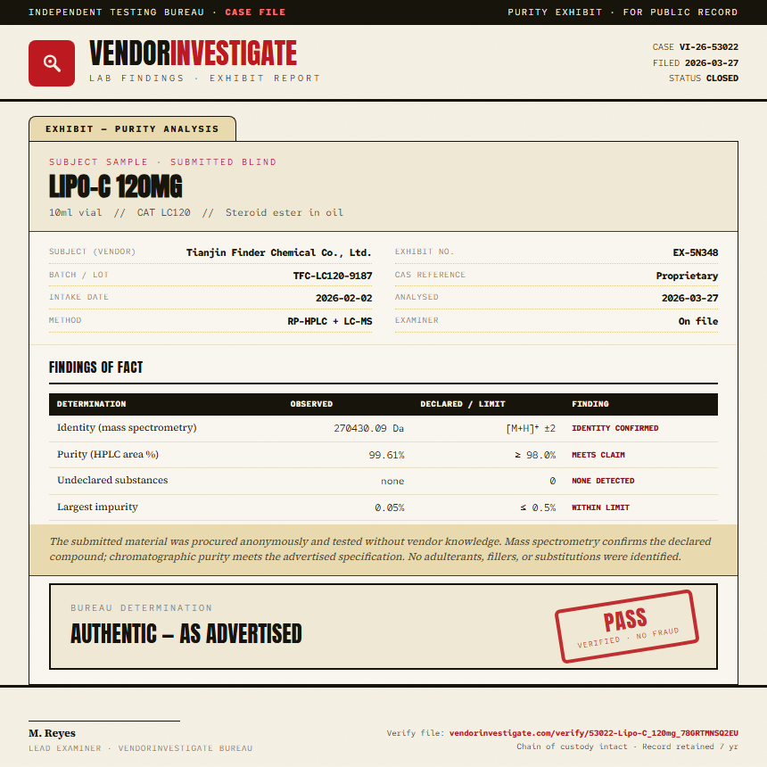 Lipo-C 120mg Purity (HPLC) report by VendorInvestigator