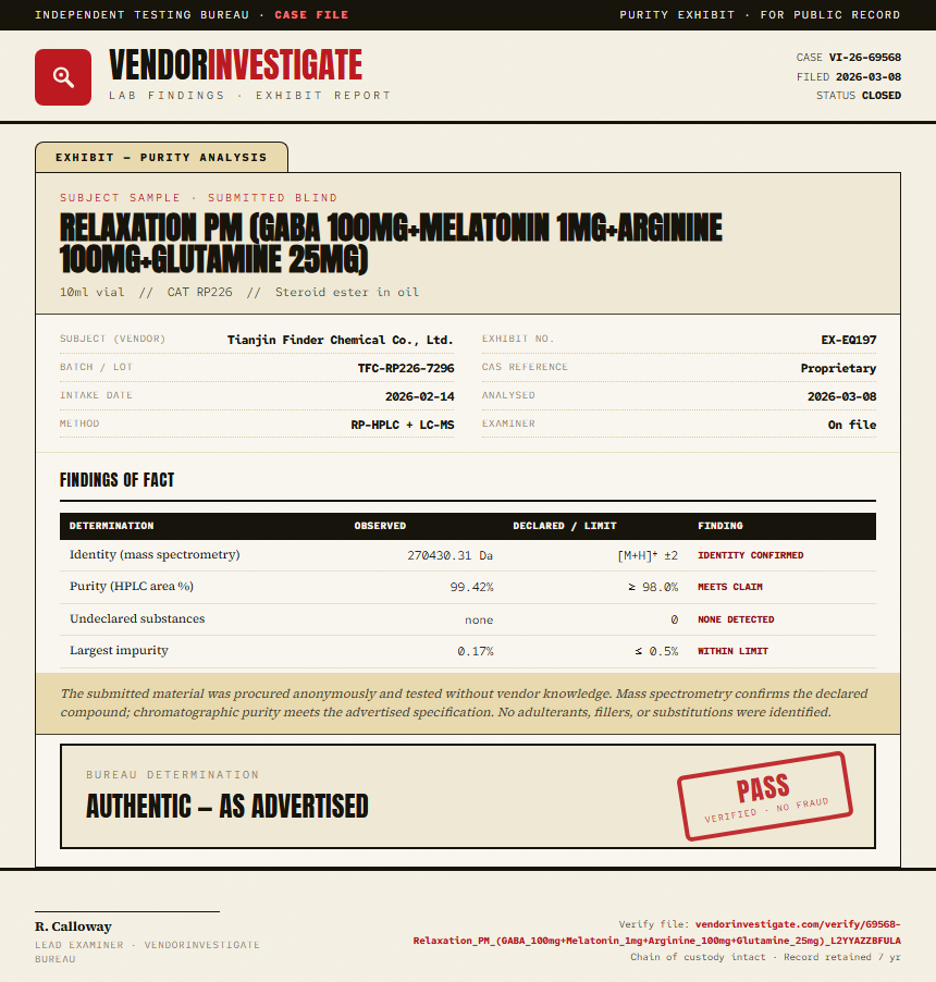 Relaxation PM (GABA 100mg+Melatonin 1mg+Arginine 100mg+Glutamine 25mg) Purity (HPLC) report by VendorInvestigator