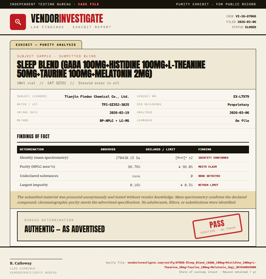 Sleep Blend (GABA 100mg+Histidine 100mg+L-Theanine 50mg+Taurine 100mg+Melatonin 2mg) Purity (HPLC) report by VendorInvestigator