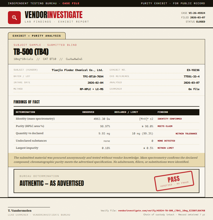 TB-500 (TB4) Purity (HPLC) report by VendorInvestigator