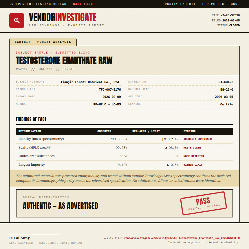 Testosterone Enanthate Raw Purity (HPLC) report by VendorInvestigator