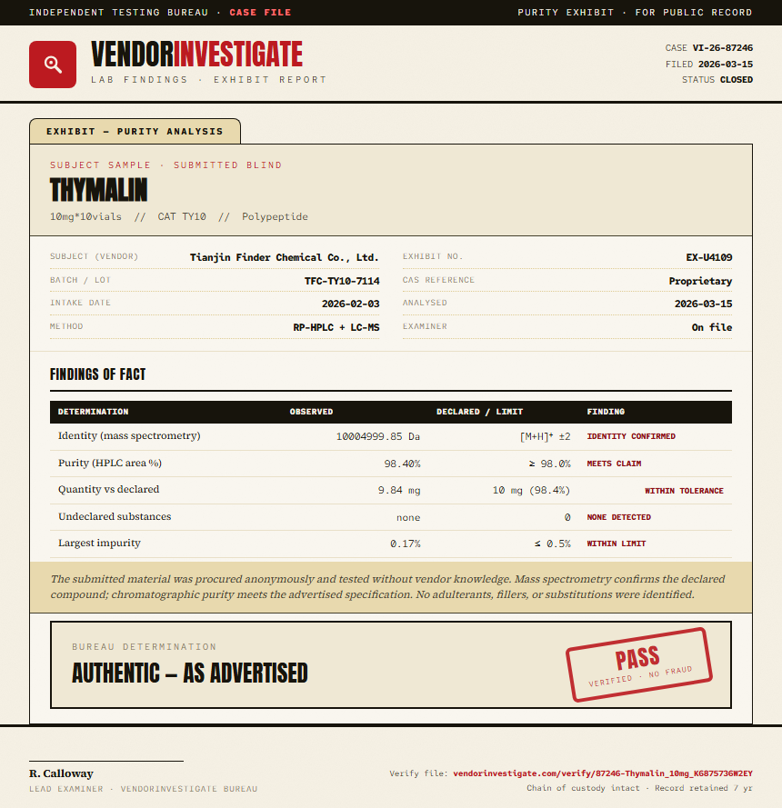 Thymalin Purity (HPLC) report by VendorInvestigator