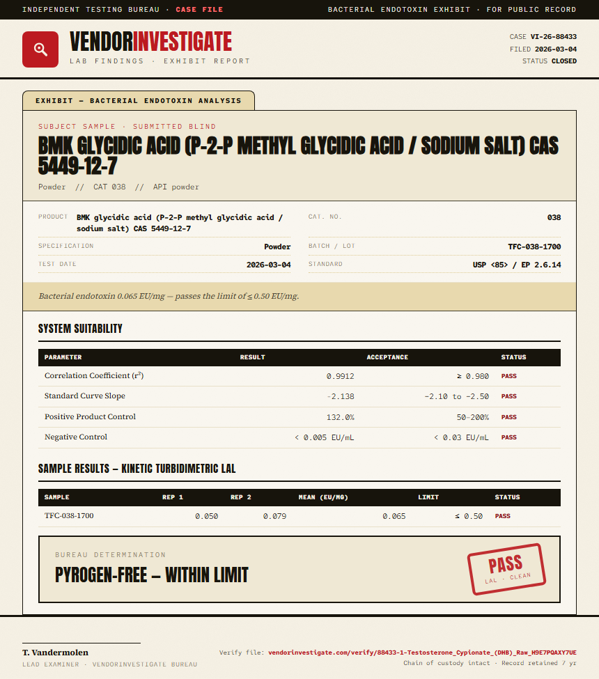 1-Testosterone Cypionate (DHB) Raw Endotoxin report by VendorInvestigator