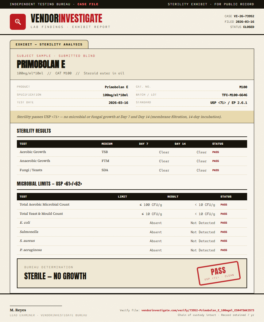 Primobolan E Sterility report by VendorInvestigator